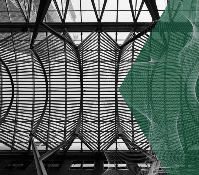 Interior of Brookfield Place (formerly BCE Place), looking up at glass ceiling. Modern architecture in financial district, Toronto, Canada